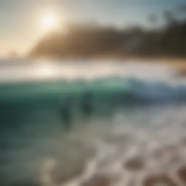 A serene beach scene with surfers enjoying the waves