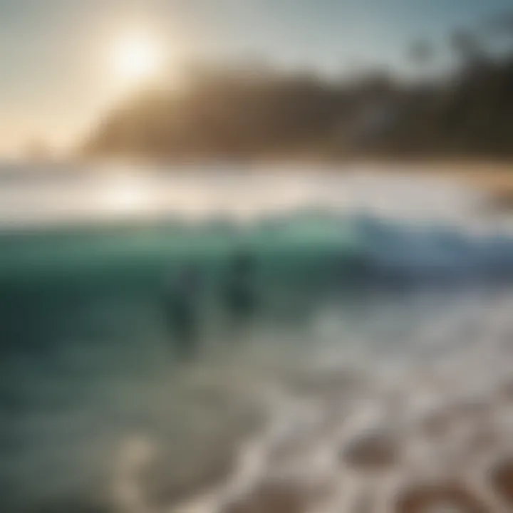 A serene beach scene with surfers enjoying the waves