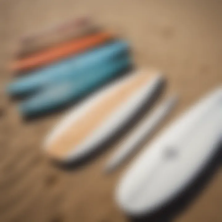 Close-up of surfboards lined up on the sand, showcasing different designs