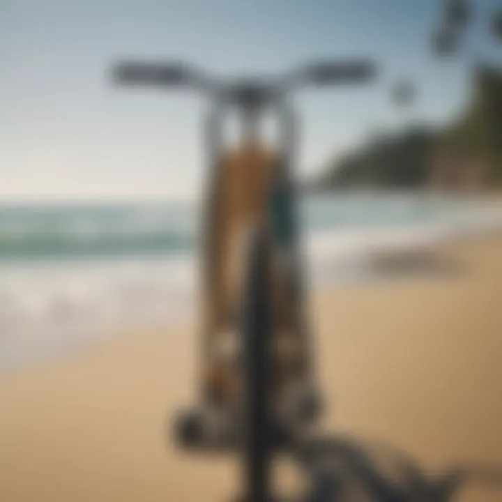 Stylish longboard surf rack mounted on a bicycle