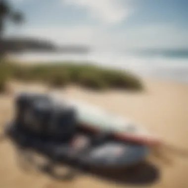 A well-maintained surfboard bag next to surf gear on a sandy shore