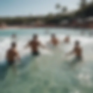 A vibrant community gathering around a wave pool, celebrating surf culture