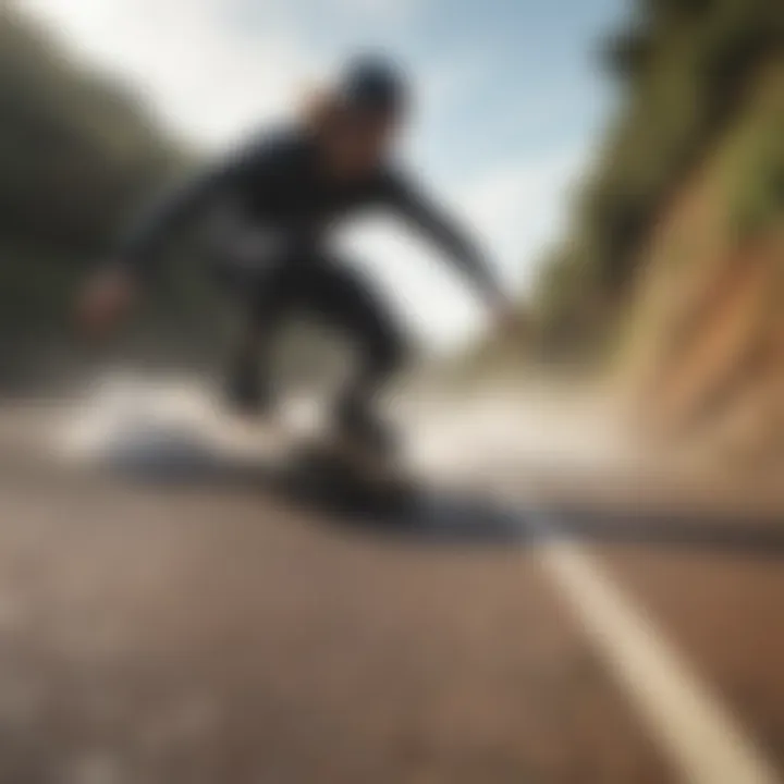 A dynamic shot of a longboarder executing a sharp turn on a scenic downhill path.