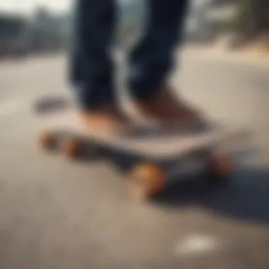 Close-up of skateboard deck with feet positioned for ollie