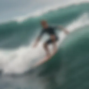 Beginner Surfer Riding a Fish Surfboard A beginner surfer successfully riding a wave on a fish surfboard.