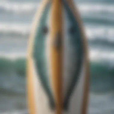 A close-up view of a fish surfboard showcasing its unique shape and design features.