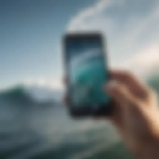 A surfer analyzing wave conditions on a mobile app