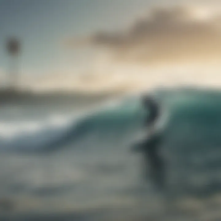 Surfer enjoying the waves, juxtaposed with signs of ocean pollution in the background