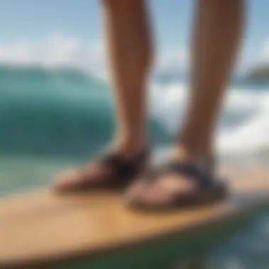 Olukai sandals resting on a surfboard