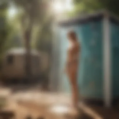 Refreshing Outdoor Shower Experience Happy campers enjoying a refreshing shower outdoors using a solar shower.