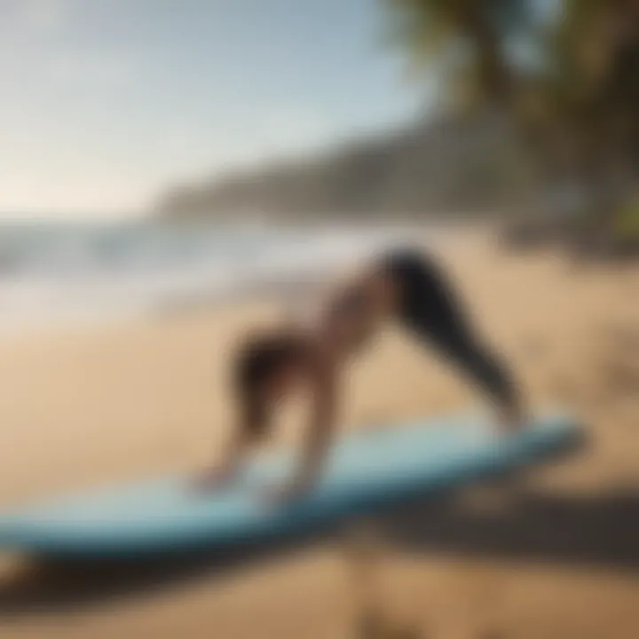 Surfer practicing downward dog pose on the beach