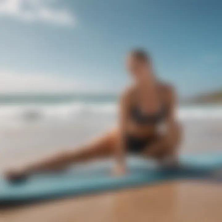 Surfer performing pigeon pose to enhance flexibility