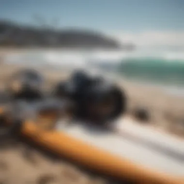 Close-up of surf equipment laid out on the beach