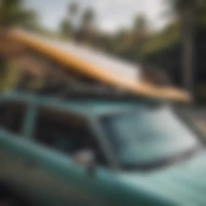 Surfboards securely fastened to a roof rack during a road trip