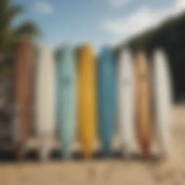 An array of surfboards lined up on the beach, each reflecting unique designs.