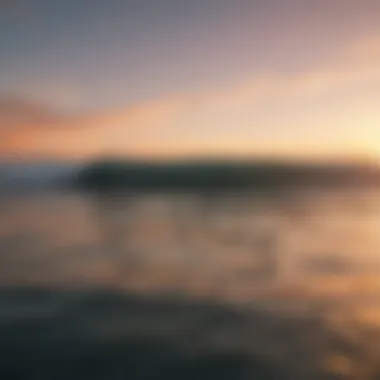 A serene sunset over the ocean, with silhouettes of surfers in the distance.