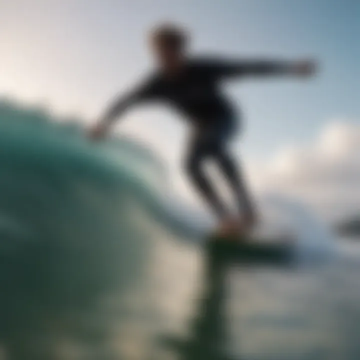 Surfer riding a longboard on a wave, demonstrating stability