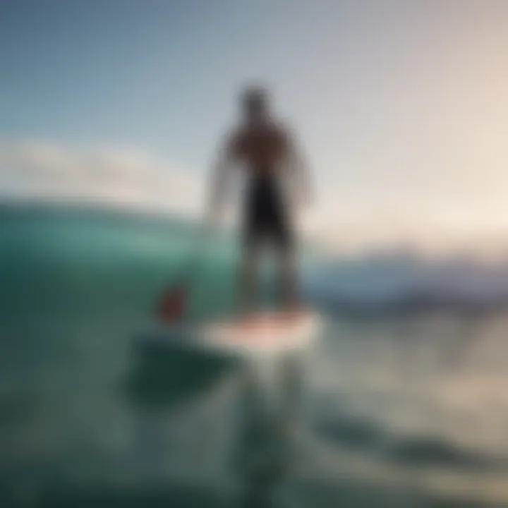 A paddle boarder using the correct stance on calm waters.