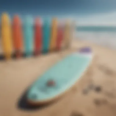 Various types of paddle boards displayed on a sandy beach.