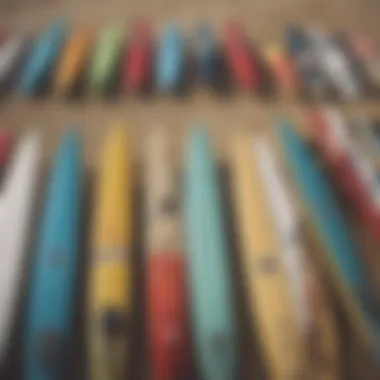 A close-up view of various surfboard leashes showcasing different sizes and designs.