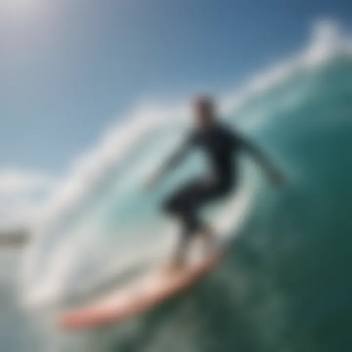 A vibrant surf training session in progress with surfers of various skill levels