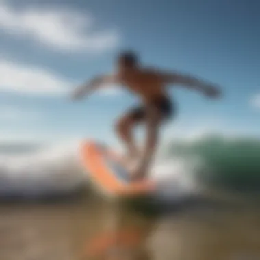 Skimboarder performing tricks on the shoreline