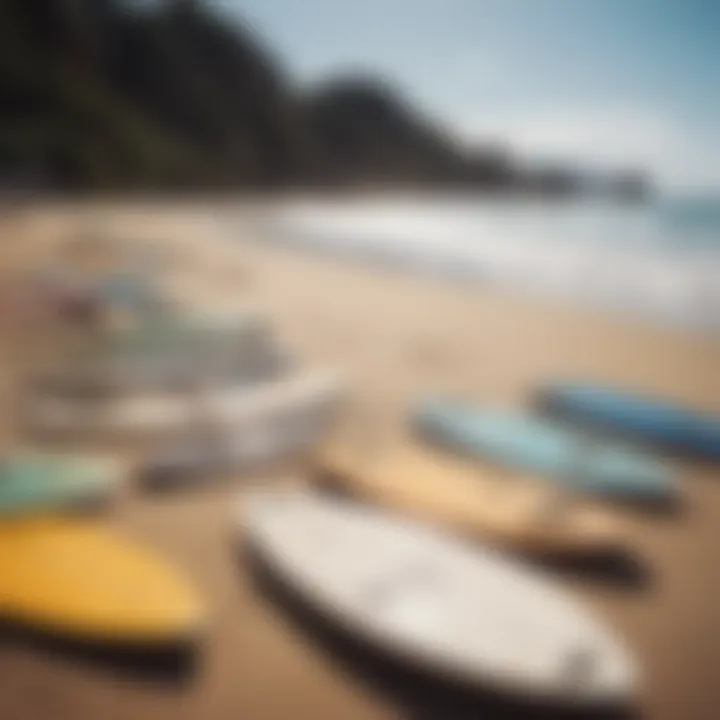 Diverse range of skim boards displayed on a sandy beach