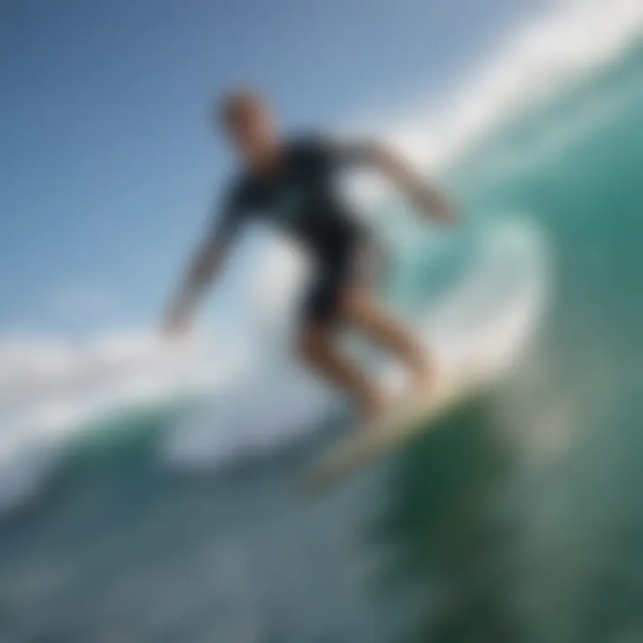 Surfer riding a wave on the St. Croix Triumph board demonstrating its performance.