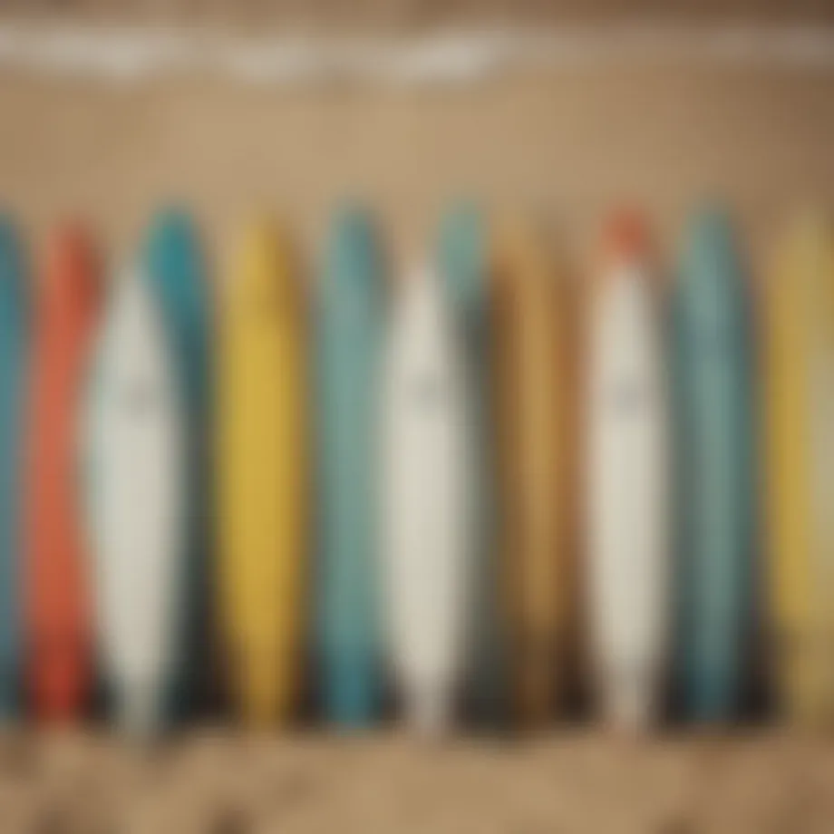 A variety of starter surfboards lined up on the beach