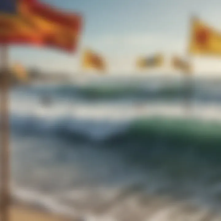 A panoramic view of surfers in the ocean, with flags visible on the beach in the background.