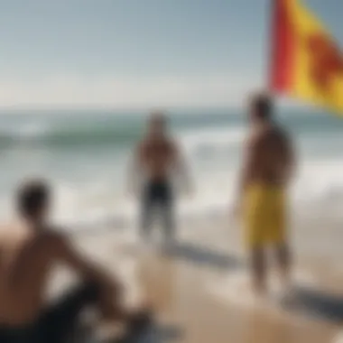 A surf instructor explaining flag warnings to a group of attentive surfers on the beach.