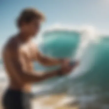 An athlete checking their surf watch while preparing to catch a wave on a sunny beach.