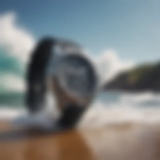 A close-up of a surf watch displaying tide information against a backdrop of crashing waves.