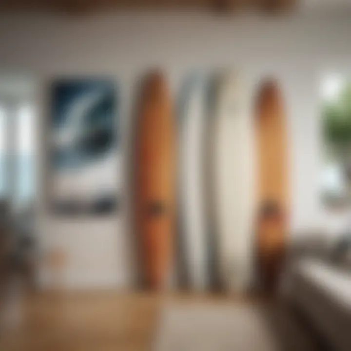 Artistic surfboard display in a modern living room