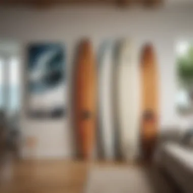 Modern Aesthetic: Surfboard Display in Contemporary Decor Artistic surfboard display in a modern living room