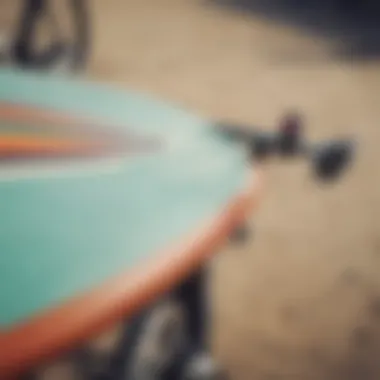 Close-up of surfboard secured to bike rack