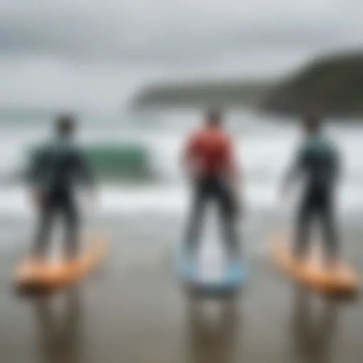 Group of surfboarders discussing tide alerts on their devices