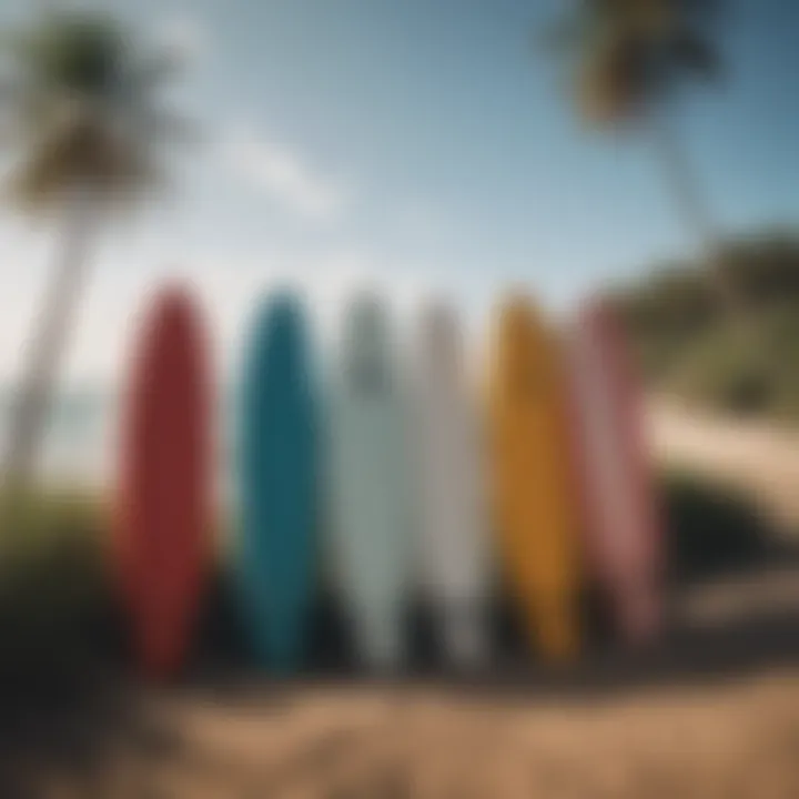 Surfboards resting against a vibrant beach backdrop