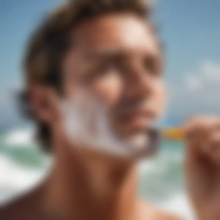 A surfer applying zinc stick to their face under the bright sun