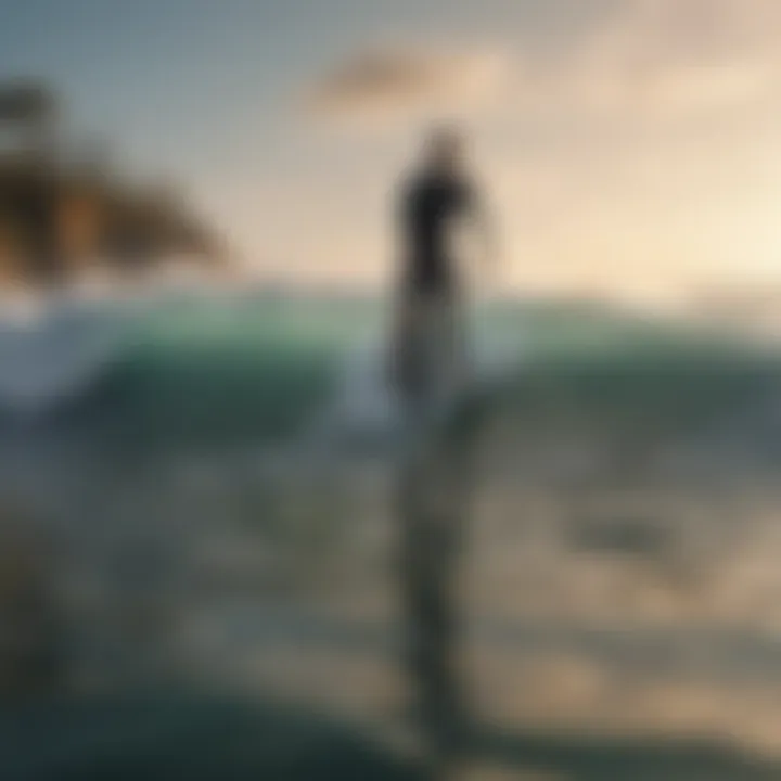 A scenic view of a surfer riding the waves with a bike nearby