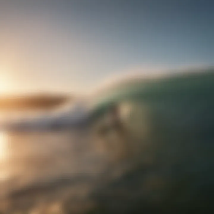 Surfer riding a perfect wave at sunrise