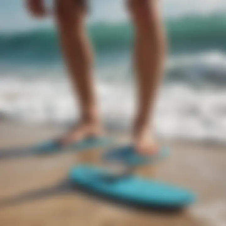 A surfer cleaning and maintaining their slippers after a session.