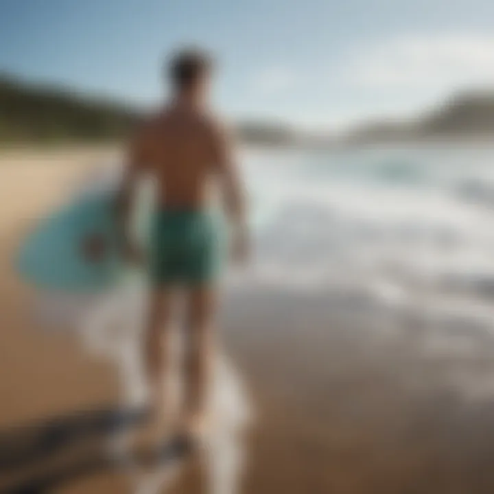 A surfboard with eco-friendly swim trunks on the beach