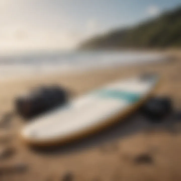 Surfing equipment laid out on a sandy beach