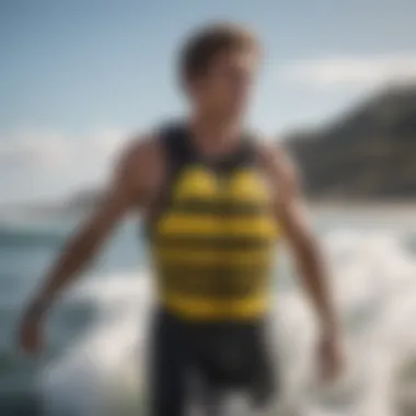 A detailed view of a high-performance surfing flotation vest showcasing its innovative design features.