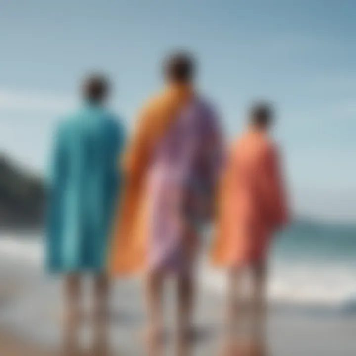 Surfers enjoying a beach day wearing colorful towelling robes