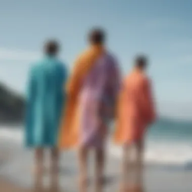 Colorful Towelling Robes at the Beach Surfers enjoying a beach day wearing colorful towelling robes