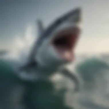 Great white shark breaching the water surface in a dramatic display