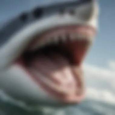 Close-up of a great white shark's teeth showcasing its predatory nature