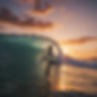 A silhouette of a surfer riding a wave against a colorful sunset backdrop